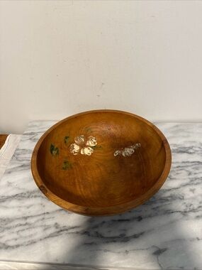 Vintage Wooden Serving Bowl in Warm Brown with Floral Accent